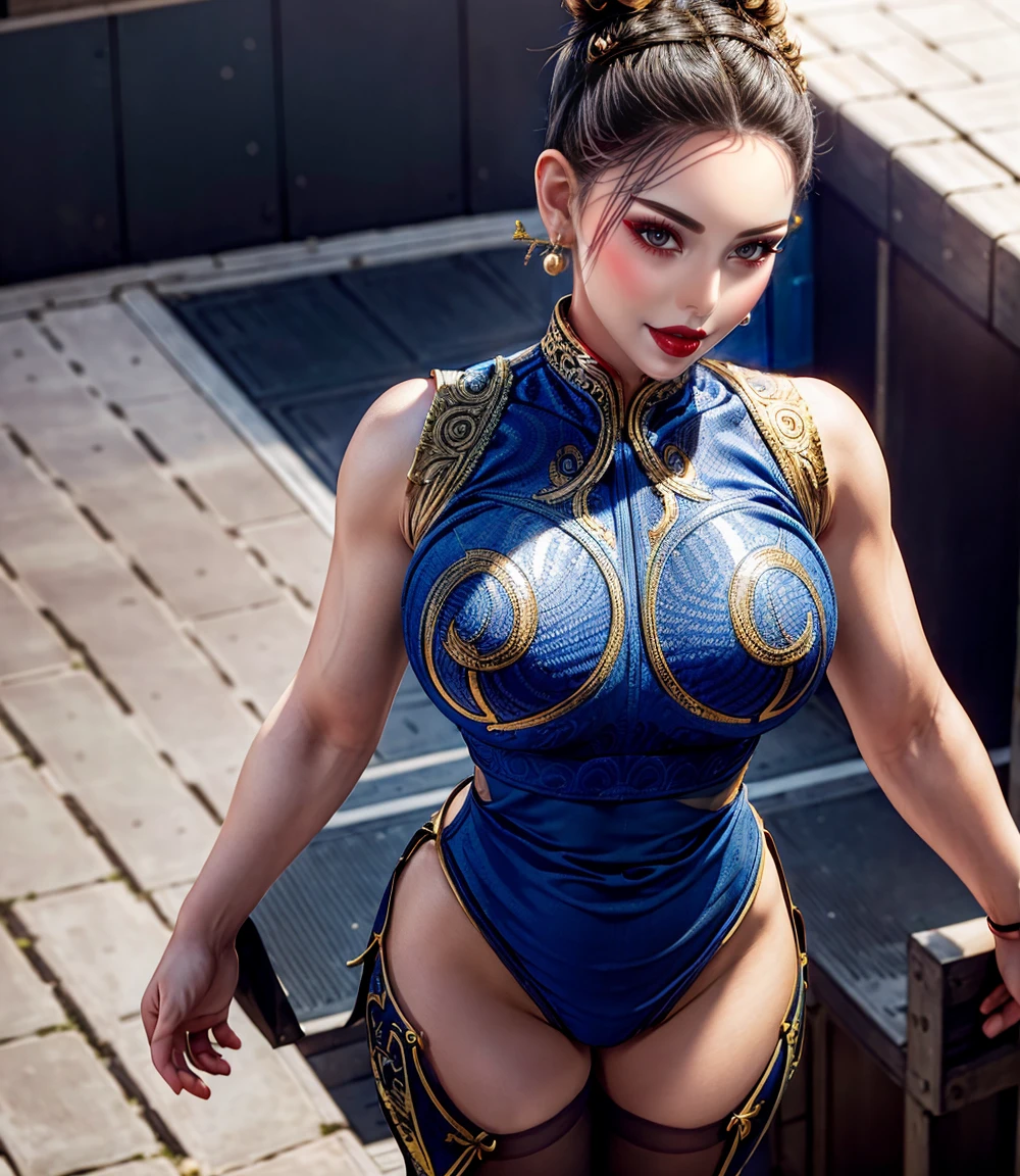 Chunli,Sexy tight blue dress, Gold trim, Complex patterns, sleeveless, Reveal the back, Double bun head, earrings, Standing posture, Rear view, Outdoor urban environment, architecture, Narrow streets, Natural Lighting, Light from above, sombras bem definidas, Casual atmosphere, Front view, Deep Depth of Field, Balanced exposure of buttocks.