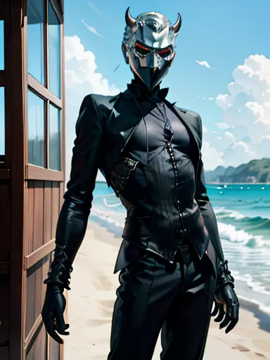 raw photo, thin 1man, black strict suit, chrome devil mask, artistic pose, complex beach background, 8k uhd, dslr, soft lighting...