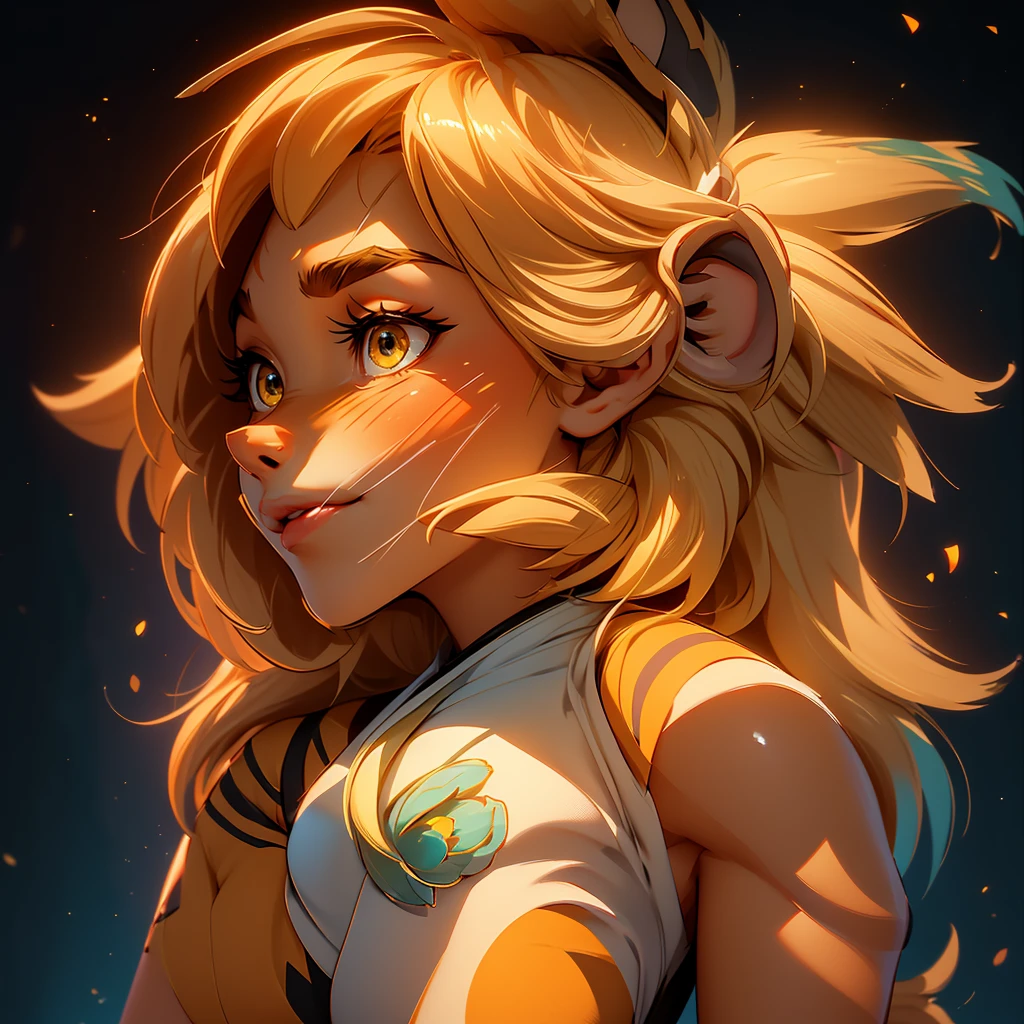 envision a 8k, highres, cinematic, beautiful extreme close up face Pinup of a cute furry female anthro, with a slender muscular body, (((short blonde hair))), long bangs, yellow eyes, Orange and White Fur, Tiger Stripes, Tank Top ((((1 Girl)))), ((Flora Twokinds)), in dark lighting, against a dark gray background