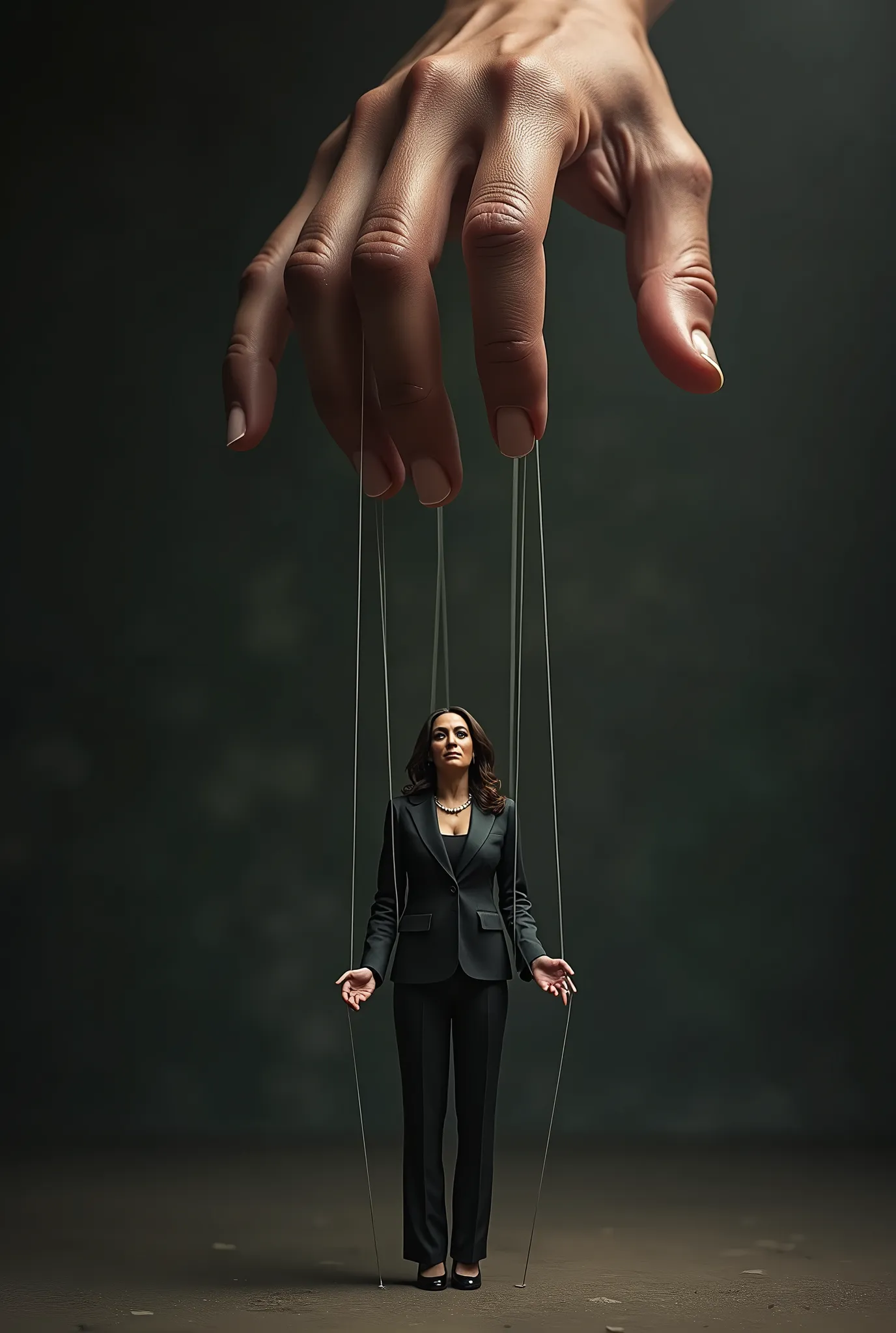 A American politician Kamala Harris is depicted as a puppet, controlled by strings attached to their limbs. The strings lead upward, tied to the fingers of a massive, looming hand that hovers above, symbolizing unseen control and manipulation. The scene is set against a dark, ominous backdrop, emphasizing the power dynamics and the politician's lack of autonomy. The hand, detailed and imposing, dominates the image, with the strings taut as the politician moves in accordance with its will.