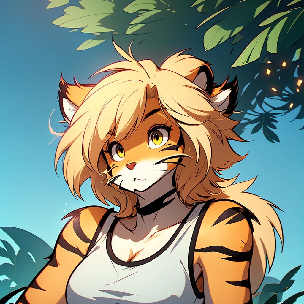 envision a 8k, highres, cinematic, beautiful extreme close up face Pinup of a cute furry female anthro, with a slender muscular body, (((short blonde hair))), long bangs, yellow eyes, Orange and White Fur, Tiger Stripes, Tank Top, ((((! Girl)))), ((Flora Twokinds)), in dark lighting, against a dark gray background