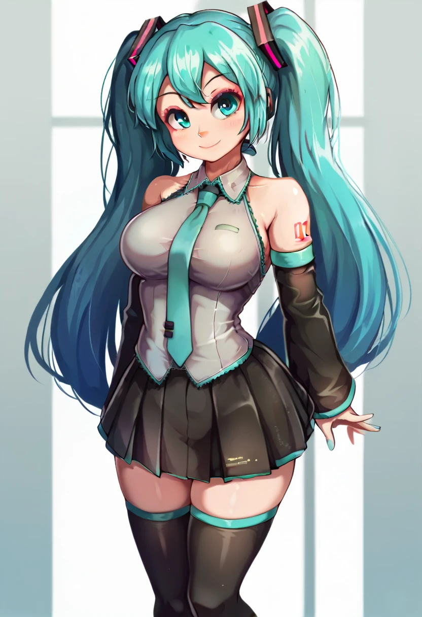 score_7_up, score_6_up, solo, 1girl, hatsune miku, smile, closed mouth, looking at viewer, standing, aqua hair, twintails, aqua eyes, half-closed eyes, grey shirt, sleeveless shirt, aqua necktie, black sleeves, detached sleeves, black skirt, black thighhighs, bare shoulders, large breasts, spotlight
 