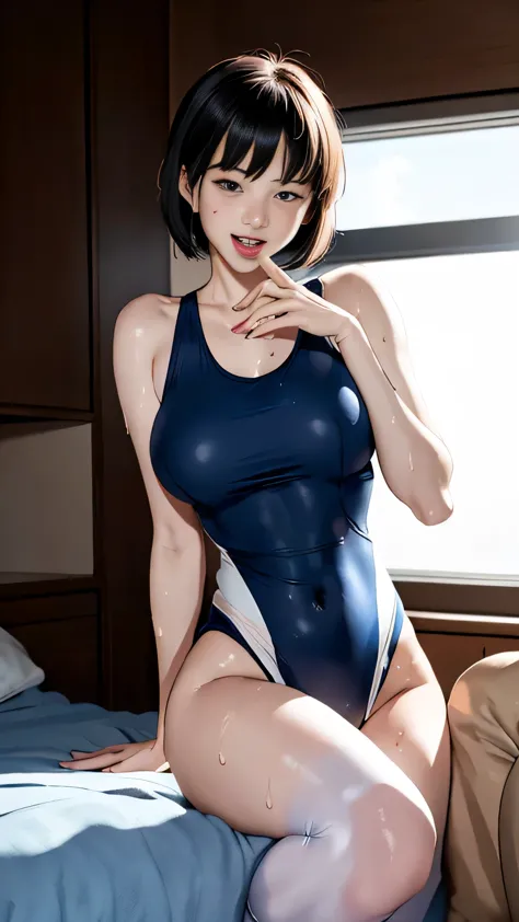 1 female,bedroom、 mature woman, navy blue one piece swimsuit in small size(school swimsuit)、knee socks:1.3、sex worker woman、bang...