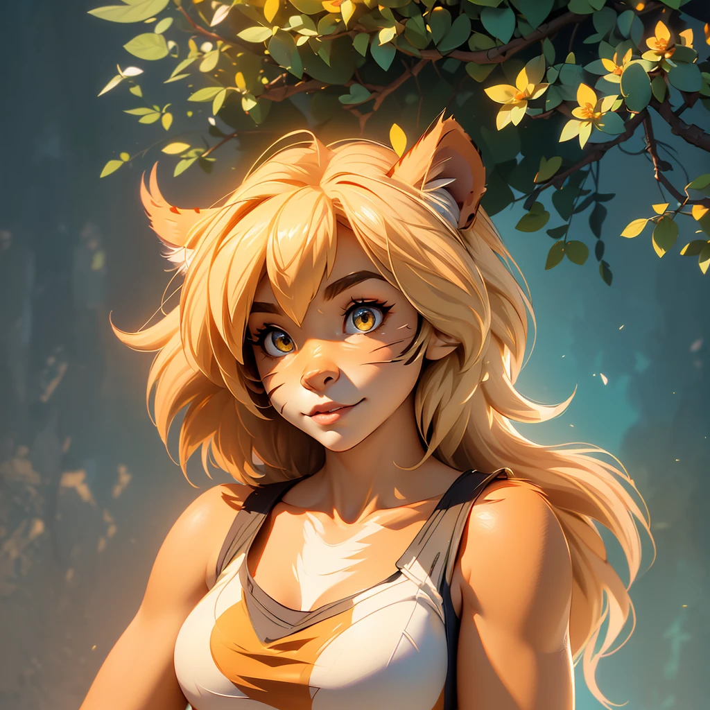 envision a 8k, highres, cinematic, beautiful semi realistic extreme close up face Pinup of a cute furry female anthro, with a slender muscular body, (((short blonde hair))), long bangs, yellow eyes, Orange and White Fur, Tiger Stripes, Tank Top, ((((! Girl)))), ((Flora Twokinds)), in dark lighting, against a dark gray background