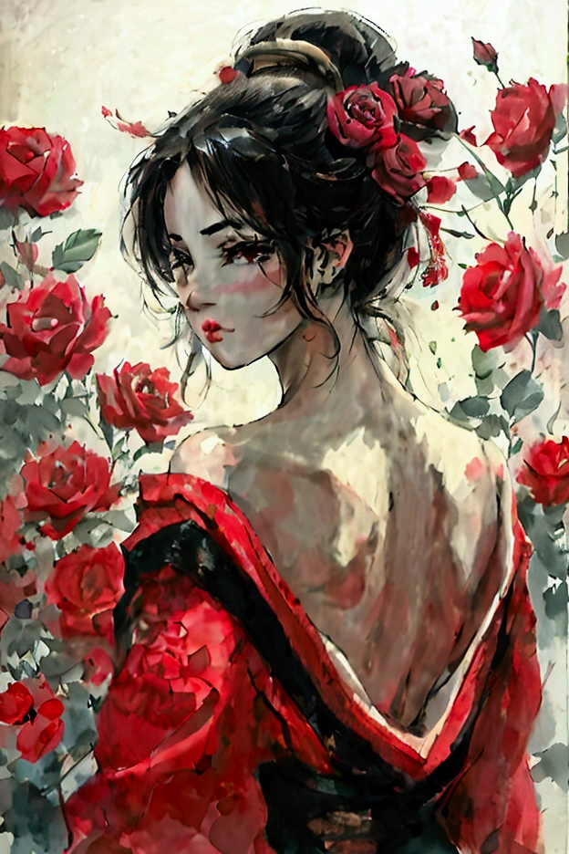 A modern interpretation of an oiran, a beautiful and elegant 40-year-old woman, portrayed in a Japanese-style painting. The woman is facing directly forward, with her shoulders loosely draped, exposing more of her skin, adding a touch of sensual allure. Her expression should be sexy and seductive, capturing a sense of mystery and allure. The background should be filled with numerous roses, creating a lush and luxurious atmosphere. Use watercolor techniques to blend the roses with the traditional and modern aesthetics of the painting, highlighting the mature beauty and seductive charm of the oiran.