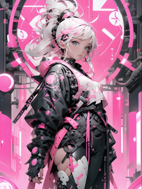 1punkrock girl with pink and white harajuku inspired techwear clothes, circles neon in background