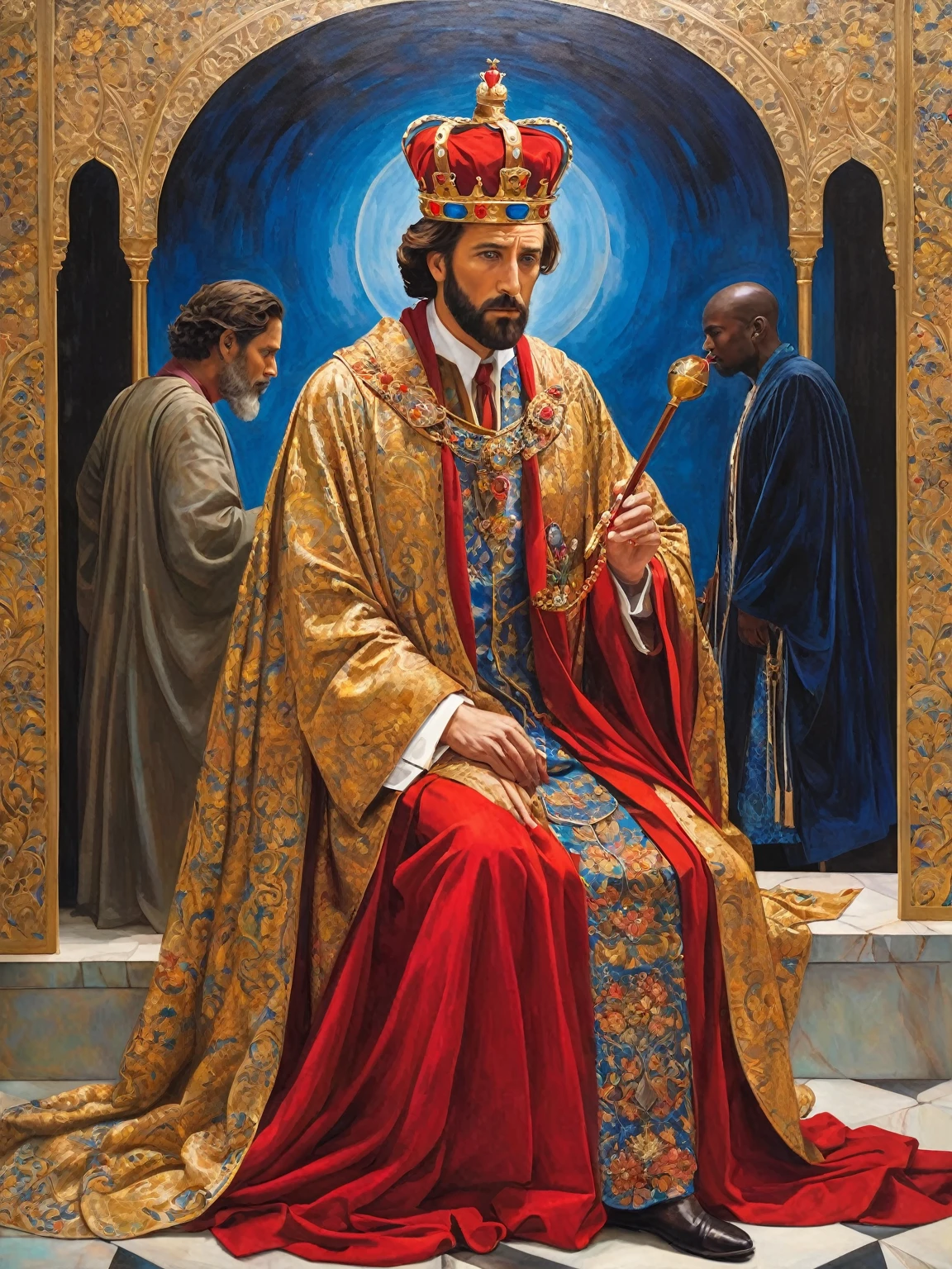 This painting seeks to capture the complexity and depth of the spiritual and emotional narrative presented in the poem. "the king, the Servant and the Doctor". The work should explore themes of love, devotion, mystery and inner transformation through a rich and symbolic style, reflecting both the human drama and the transcendent aspect of the story.

middle shot: the king e o Doutor

the king: The king is portrayed with an imposing presence, but with an expression of deep concern and sadness. He is dressed in luxurious royal clothes that shine in shades of red, gold and blue. His eyes express a state of despair and hope, reflecting his dedication to healing his beloved servant. He is on his knees or kneeling, envolvido em uma postura de súplica ou devotion, with tears visible on her face.

The Doctor: The doctor is depicted as a mysterious and imposing sage, with an aura of serenity and deep knowledge. He is dressed in simple clothes, but in an impeccable way, that contrast with the king&#39;s luxurious clothes. The doctor may be shown in a posture of calm confidence, perhaps holding a symbolic object that represents healing or deep knowledge.

The Servant and the Transformation The Servant: The servant is shown in a state of suffering and fragility, but with an ethereal beauty. She may be lying on a subtly lit bed, with an expression of pain mixed with hope. Your appearance should be delicate and subtle, reflecting her fragility and the deep love that affects her.

Love and Healing: Around the servant, the painting should show symbols of transformation and healing. Elements like soft lights, floral patterns or healing symbols may be present, representing the transformation of his condition through the love and intervention of the doctor.

The Spiritual Encounter The Meeting at the Palace: The scene of the meeting between the king and the doctor must be depicted with a sense of reverence and spiritual depth..