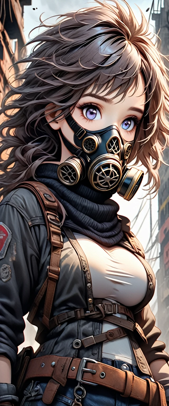 a 3 woman in a post-apocalyptic setting, wearing a gas mask, with large breasts, wearing a belt, leather, messy hair, beautiful eyes, solo, hyper-realistic, 8k, cinematic lighting, dramatic atmosphere, highly detailed, photorealistic, intricate details, moody color palette, gritty, dystopian