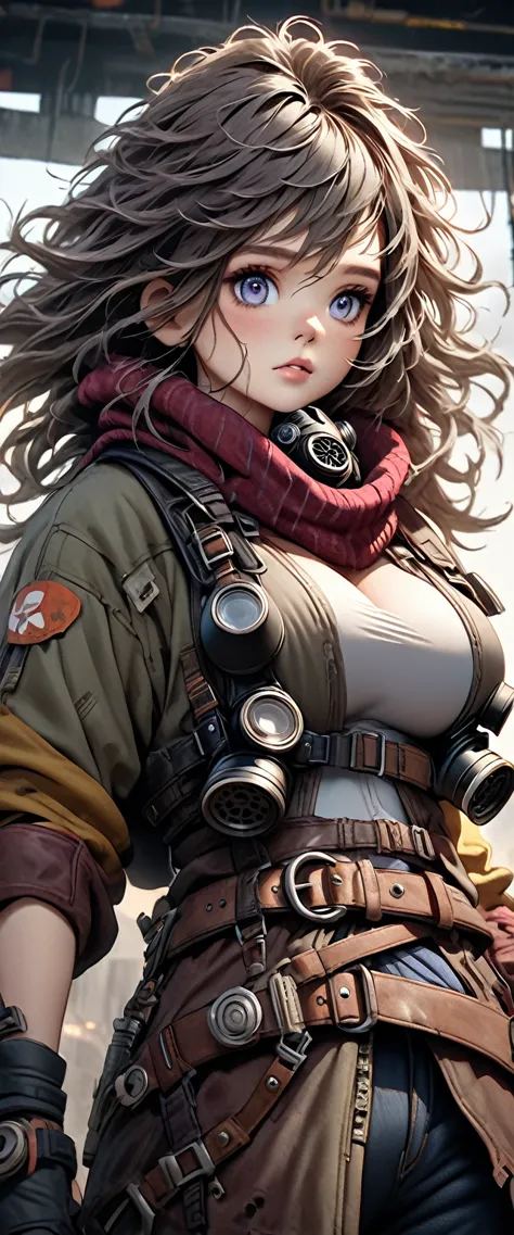 a 3 woman in a post-apocalyptic setting, wearing a gas mask, with large breasts, wearing a belt, leather, messy hair, beautiful ...