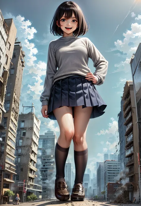 巨大なchild、super giant girl、child、girl、giantess、realistic、japanese women、navy blue grey sweater、navy skirt、green ribbon、brown loaf...