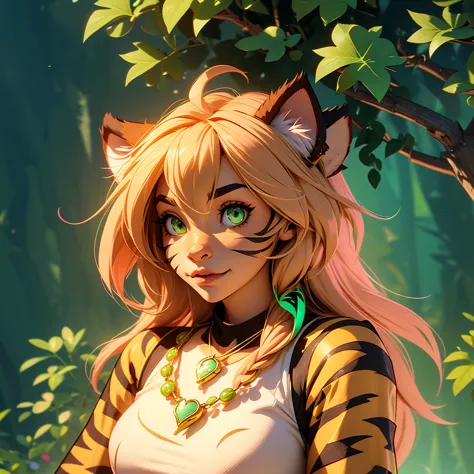 iris from twokinds, cute female anthro, hair covering eye, semi realistic detailed tiger fur, ((green eyes)), pink tiger nose, t...