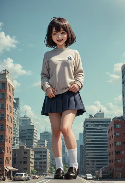 巨大なchild、super giant girl、child、girl、giantess、realistic、japanese women、navy blue grey sweater、navy skirt、green ribbon、brown loaf...