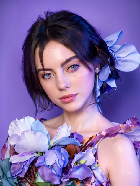 shoulder-length straight hair, colorful floral dress with large purple and blue flowers, holding a fabric bouquet, smooth skin, ...