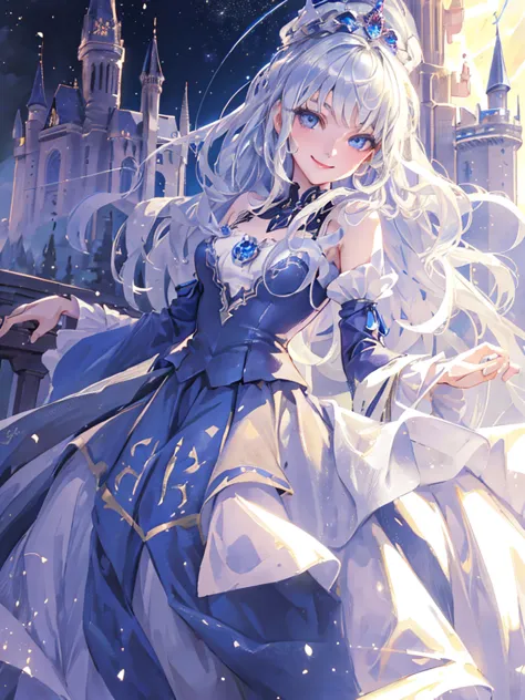 ((highest quality)), ((masterpiece)), (detailed), perfect face, girl,(((a kind smile))), silver hair, very long hair, dark blue ...