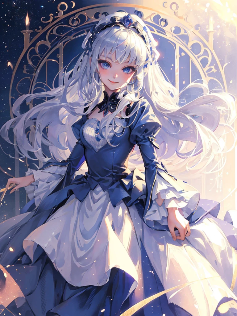 ((Highest quality)), ((masterpiece)), (detailed), Perfect Face, girl,(((A kind smile))), Silver Hair, Very long hair, Dark blue eyes, Data dress, A castle in the background, Princess