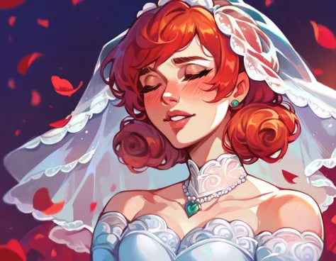 nspennystardew, short hair, red hair, curly hair, earrings, blush, smiles, closed eyes, wedding dress, beautiful dress, alone