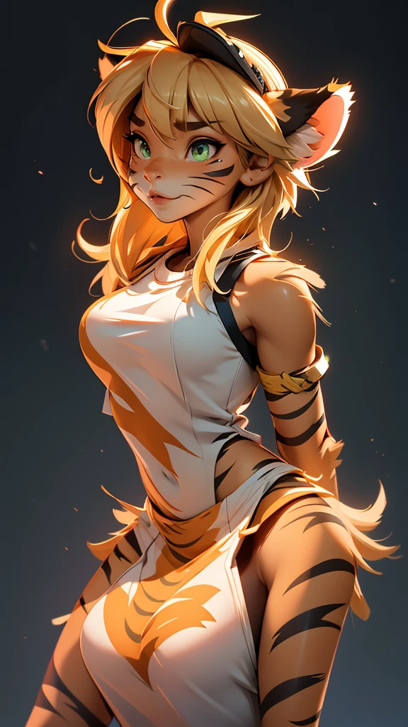 envision a 8k, highres, cinematic, beautiful semi realistic full body Pinup of a cute sexy furry female anthro, with a slender muscular body, fury skin, (((short blonde hair))), long bangs, green cat eyes, ((Pink Tiger Nose)), Orange and White Fur, Tiger Stripes, Tank Top, ((((! Girl)))), ((Flora Twokinds)), in dark lighting, against a dark gray background