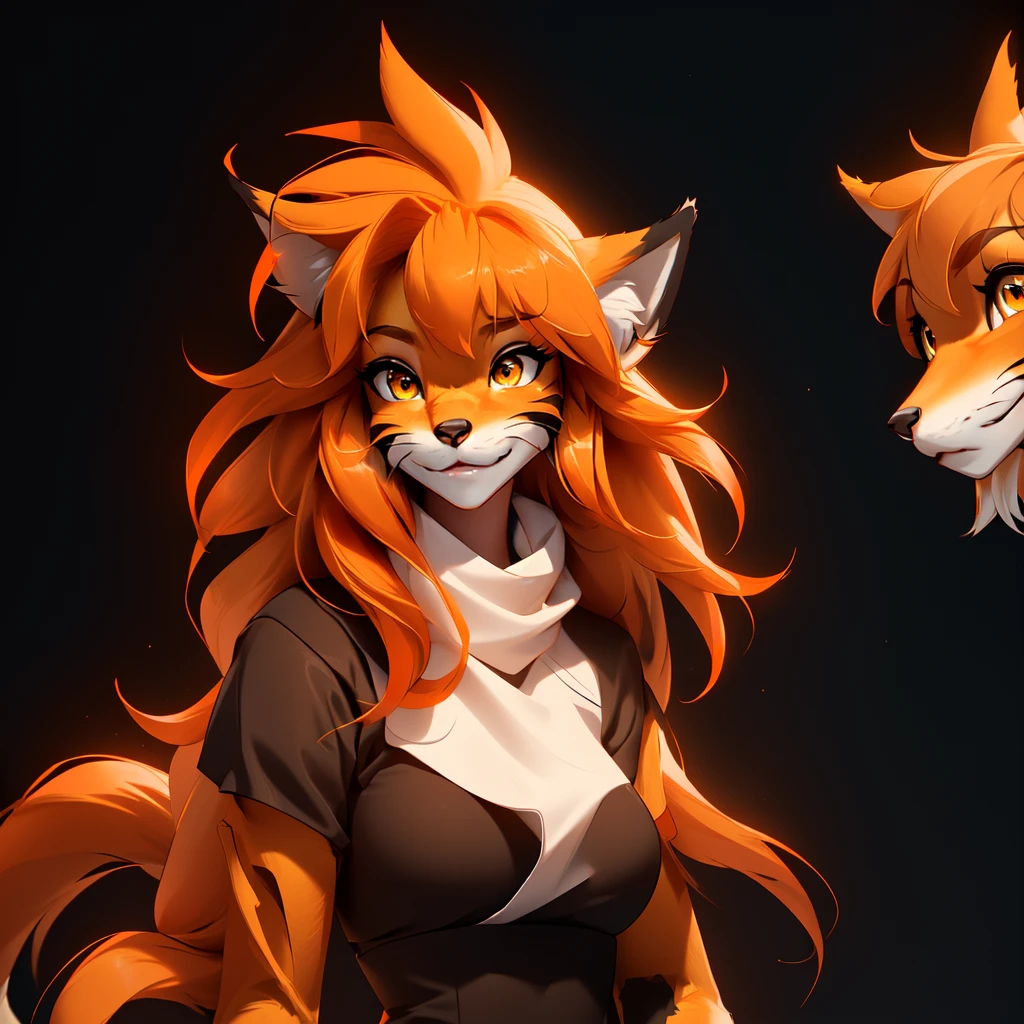 envision a 8k, highres, cinematic, beautiful extreme close up face Pinup of a cute furry fox female anthro, with a slender body, ((((furry body and face)))), big breasts, (fox girl), (((Orange hair))), long bangs, yellow eyes, Orange fur, white Fur, black fur, Black shirt, ((((1 Girl)))), ((Mike Twokinds)), in dark lighting, against a dark gray background