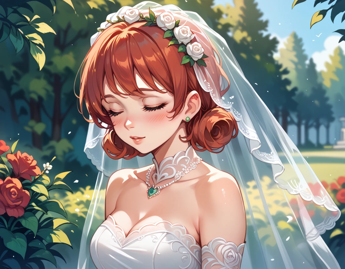 NSPennyStardew, short hair, red hair, curly hair, earrings, blush, smiles, closed eyes, wedding dress, beautiful dress, alone