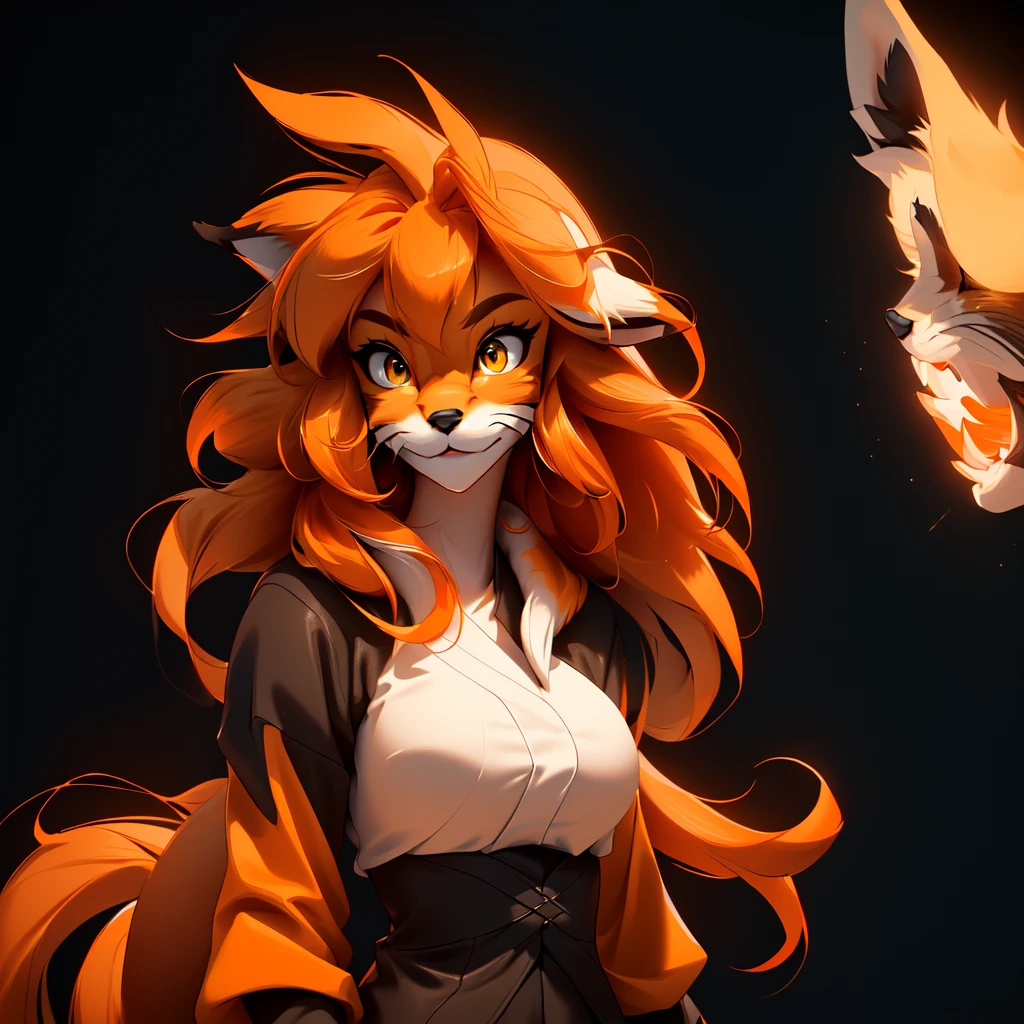 envision a 8k, highres, cinematic, beautiful extreme close up face Pinup of a cute furry fox female anthro, with a slender body, ((((furry body and face)))), big breasts, (fox girl), (((Orange hair))), long bangs, yellow eyes, Orange fur, white Fur, black fur, Black shirt, ((((1 Girl)))), ((Mike Twokinds)), in dark lighting, against a dark gray background