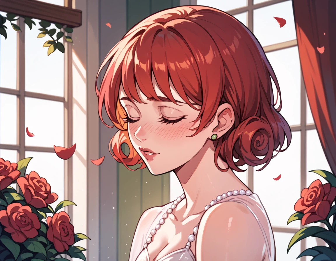 NSPennyStardew, short hair, red hair, curly hair, earrings, blush, smiles, closed eyes, wedding dress, beautiful dress, alone
