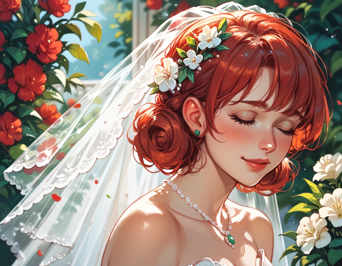 NSPennyStardew, short hair, red hair, curly hair, earrings, blush, smiles, closed eyes, wedding dress, beautiful dress, alone