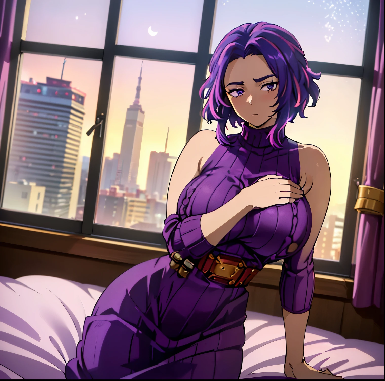 1 girl, alone, lady nagant, (masterpiece, best quality, ultra detailed, beautiful illustration), atmospheric perspective, depth of field, dynamic pose, curvy body, looking at viewer, (beautiful detailed eyes), detailed eyes, ( cowboy shot), sexy body, (interior, apartment, moon, metropolis, japan, night), 1 girl, neutral expression, mature woman, (huge breasts, medium waist, wide hips, medium thighs, round butt), Nagant, purple hair, purple eyes, multicolored hair, short hair, highlighted hair, pink hair, medium hair, two-color hair,((dark purple sweater dress:1.4)), ((ribbed sweater:1.3)),((bare back: 1.2)), sleeveless, bare legs, (hands on waist: 1.2)), slight blush, (standing_), thighs, bright pupils, white pupils, bangs, looking back, from behind, ((focus on the rear:1.4)),pov(from below),(inside a casino:1.5, leaning on a bed:1.5, apartment view:1.5, window:1.3,city lights:1.5), perfect hands , perfect anatomy,