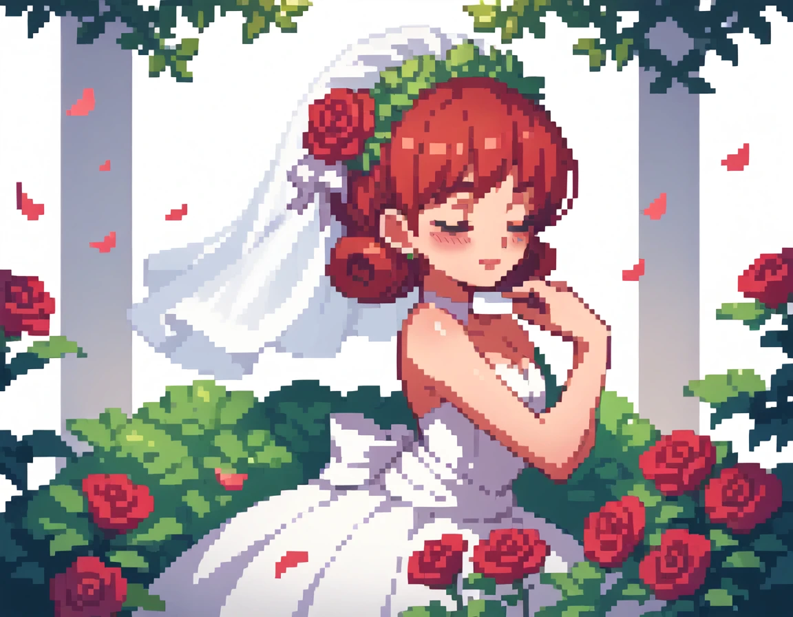 NSPennyStardew, short hair, red hair, curly hair, earrings, blush, smiles, closed eyes, wedding dress, beautiful dress, alone