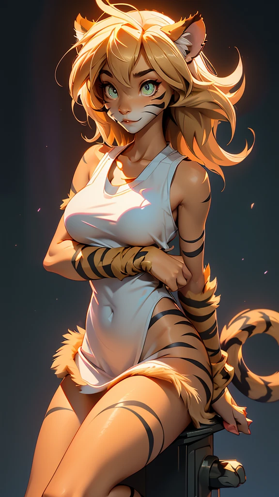 envision a 8k, highres, cinematic, beautiful semi realistic full body Pinup of a cute sexy furry female anthro, with a slender muscular body, fury skin, (((short blonde hair))), long bangs, green cat eyes, ((Pink Tiger Nose)), Orange and White Fur, Tiger Stripes, Tank Top, Pawed feet, long legs, plump body, plump butt, no pants, ((((1 Girl)))), ((Iris Twokinds)), in dark lighting, against a dark gray background