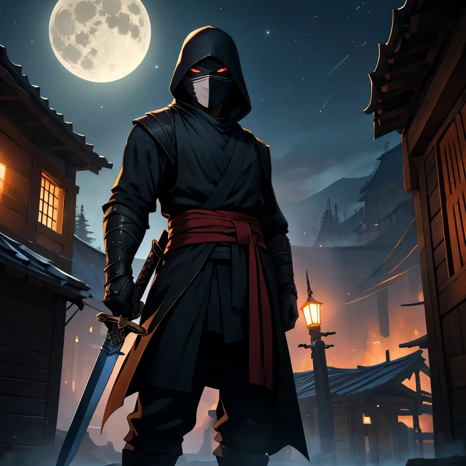 (best quality,8k,highres, masterpiece:1.2), ultra-detailed, HDR, UHD, studio lighting, ultra-fine painting, sharp focus, physically-based rendering, extreme detail description, professional, vivid colors, concept artists, warm color palette, dramatic lighting,Assassin in ninja clothes with a sword, dark night, on the roof, full moon, ninja around, sword glowing in moonlight, murderous eyes, powerful glare,