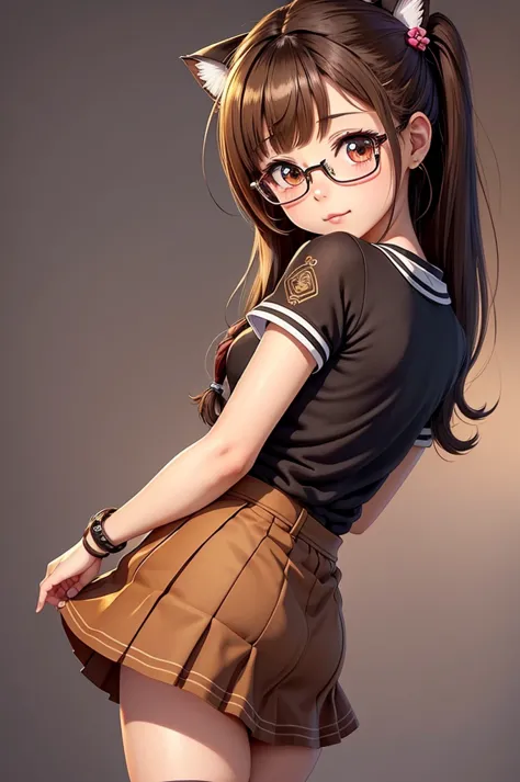 all intricate details, anatomia perfecta, cartoon style girl, 1 girl view, pretty, alone, hapy pose, skirt, brown hair, uwu, hai...