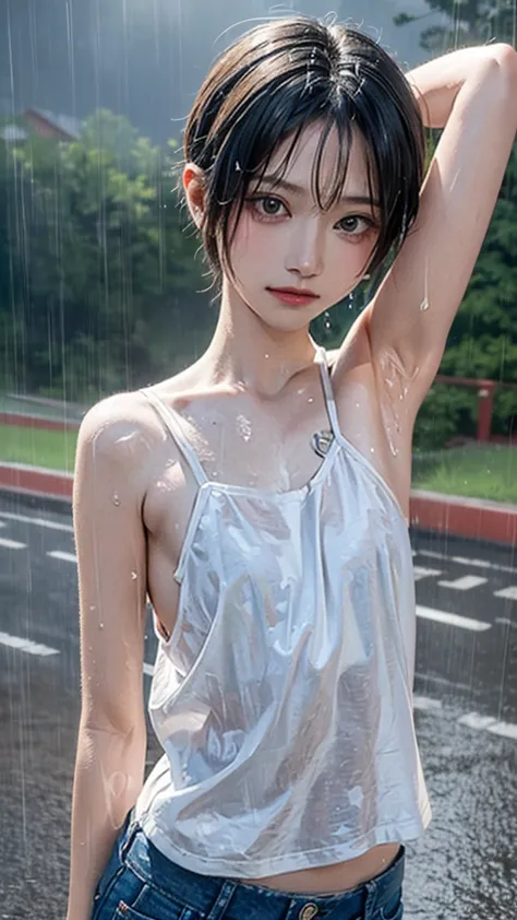 ((masterpiece,highest quality;1.3,best illustrations)), ((get wet:1.5)), (raise your arms, please show me your armpits:1.3), (be...