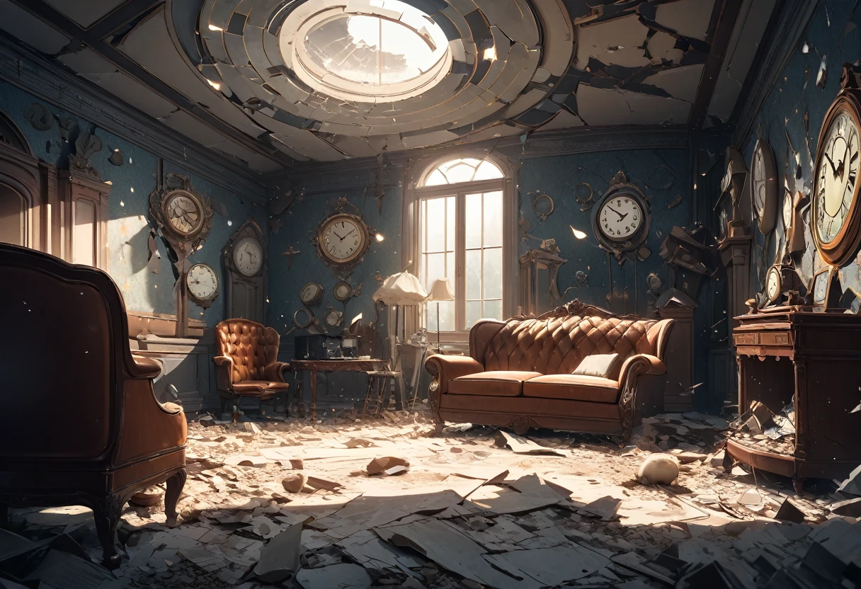 A room where time appears to have fractured and splintered, with objects from different eras scattered haphazardly around. The walls are cracked and peeling, with old-fashioned clocks of various styles hanging at odd angles, each ticking away at a different speed. In one corner, a grand Victorian armchair is covered in dust, while a sleek, futuristic console sits beside it, flickering with erratic light. The ceiling is partly collapsed, revealing the swirling chaos of a temporal vortex above, with fragments of history swirling within. The room is bathed in an eerie, shifting light, as if time itself is unstable here. (Time-warped), (surreal), (Highly detailed), (8K resolution), (Temporal distortion), (Bokeh effect), Collapsed Time Room