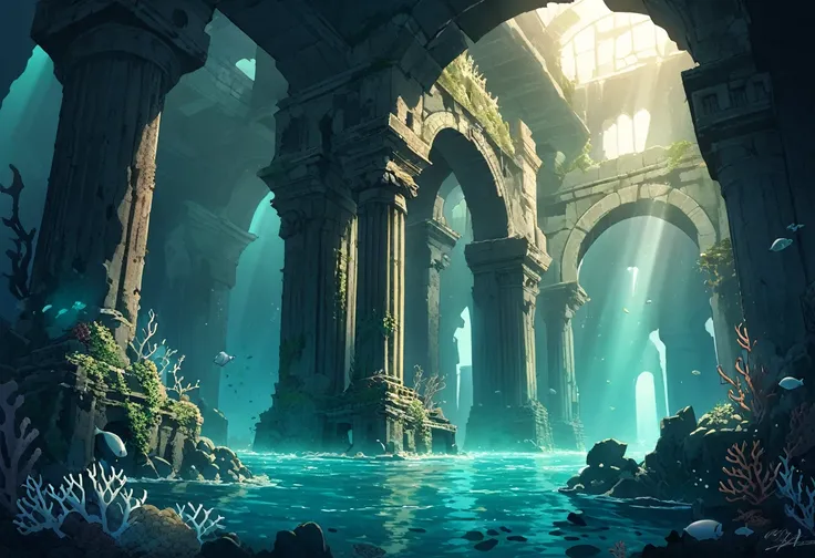 underwater ruins,a submerged, ancient ruin deep beneath the ocean, where the remnants of a lost civilization lay hidden in the m...