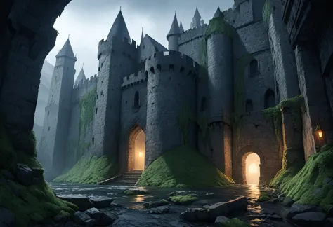 medieval castle in darkness,
a massive, foreboding medieval castle perched high on a rocky cliff, shrouded in mist and darkness....