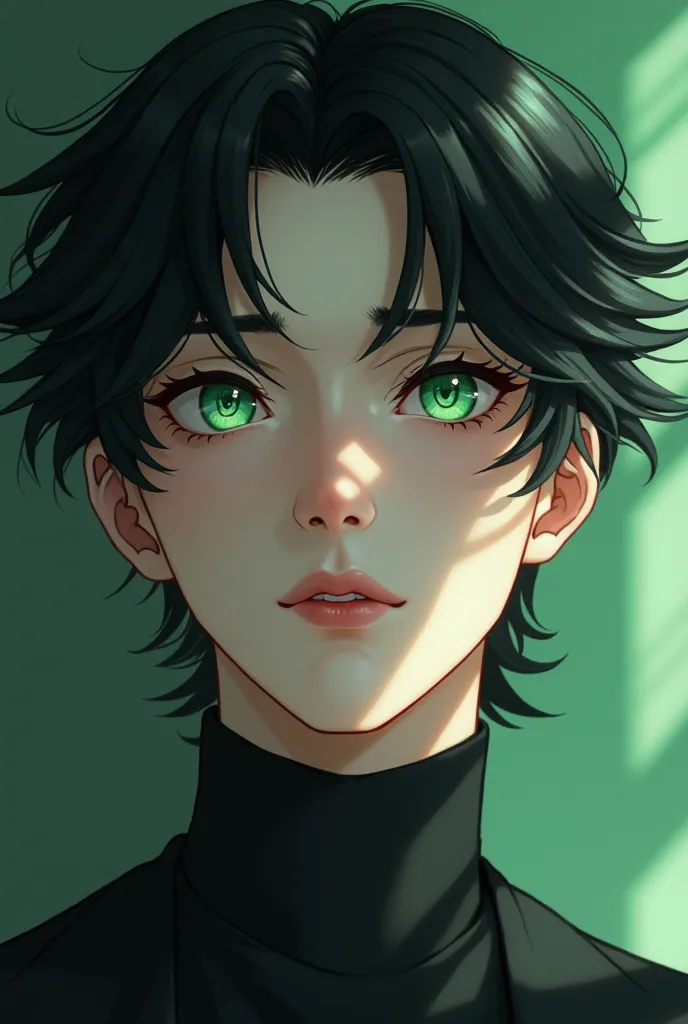 Close up photo of The character is a 2 male. The character is White race, very fair skin and has black hair, emerald eyes. he is Very handsome. I can't breathe you just said that expression. Animated art inspiration.  Artistic. Ultra high quality.