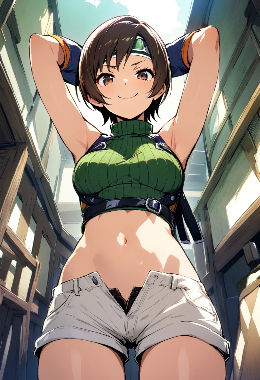 score_9, score_8_up, score_7_up,best quality,aesthetic,very aesthetic,masterpiece,(high-resolution), ,BREAK , from below,navel focus.,mediumshot,(arms up,arms behind head,arms in hair),looking_at_viewer,1girl, yuffie kisaragi, final fantasy, short hair,headband,navel,sleeveless,turtleneck,brown eyes,sleeveless turtleneck,solo,breasts,looking at viewer,smile,gloves,crop top,brown hair,shorts,midriff,,sweater,open fly,armor,fingerless gloves,ribbed sweater,medium breasts,,smile,smug,