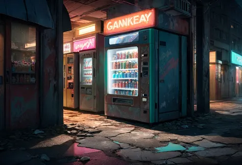 an abandoned shopping district in the dead of night, with darkened storefronts and cracked pavement. in the middle of the desert...