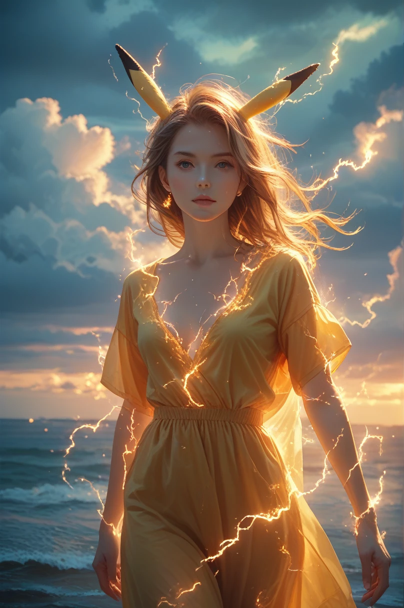 Pikachu is unhappy,
Aurora,electricity,rich and colorful,Luminescence,
Surrealism, best quality, masterpiece, Flawless, Gorgeous, Lovely, Stunning beauty, Perfect anatomical structure,
Fraction_9, Fraction_8_Direction_7_up,
on the beach, Cloud sky, 
Ghibli,