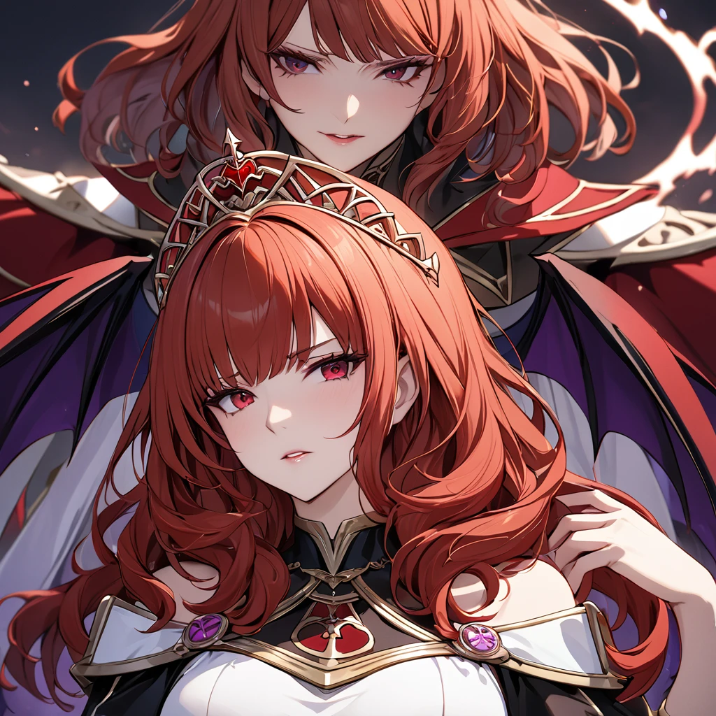 ((Highest quality)), ((masterpiece)), (detailed), （Perfect Face）The woman is a Celica with red hair.、The woman has fallen into evil and is a member of an evil organization and the queen of evil.