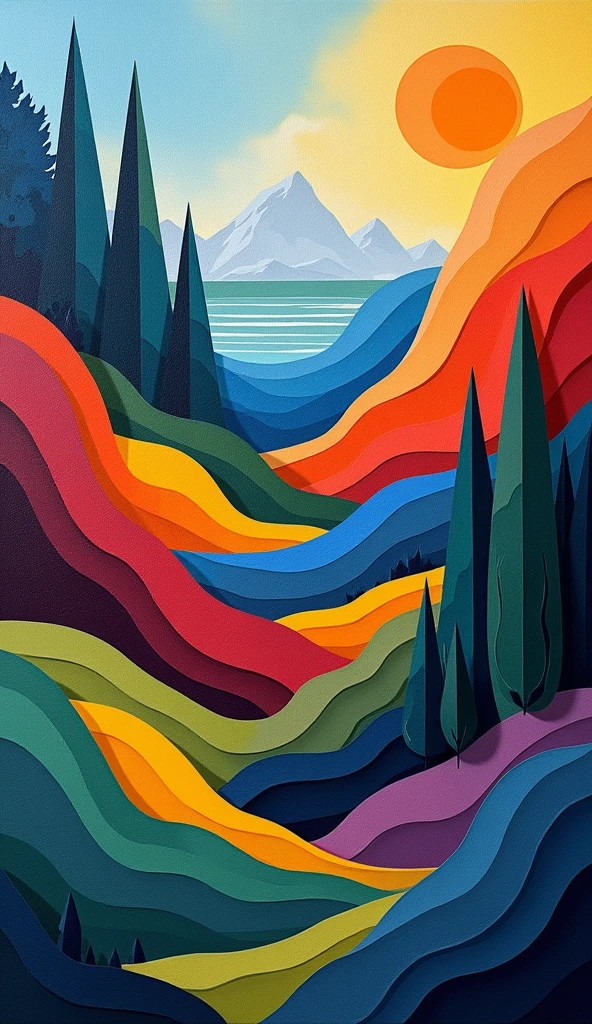 Beautiful natural landscapes painted in a cubist style. The landscapes emphasize geometric shapes and angles and are composed with vibrant colors."
