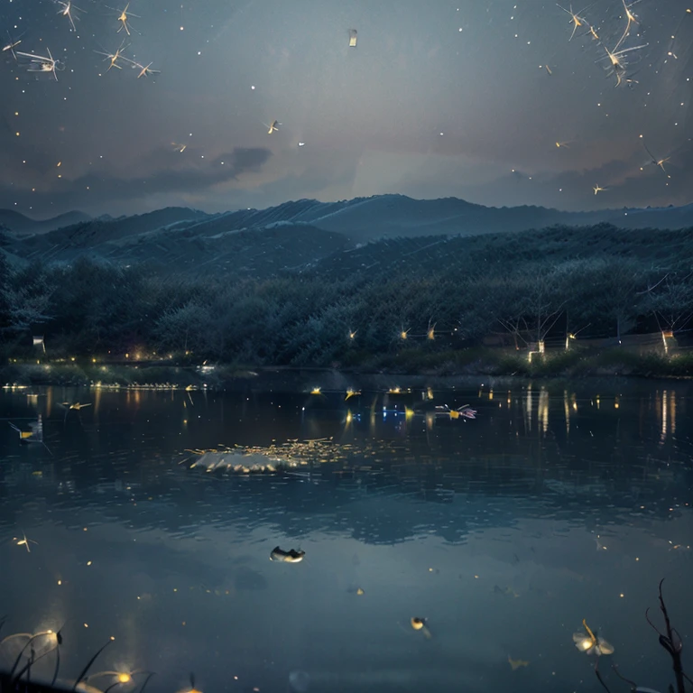 Pond in the evening:1.5, ((panoramic:1.4)), ((Beautiful night lake in the dark:1.5)), ((fireflies flying around，Illuminates the lake:1.5)), ((Extremely detailed:1.5)), The light of fireflies is reflected in the water:1.2, Idyllic, Dreamy, fantasy:1.3)), Dark environment soft moonlight reflected in the water, ultra-realistic 8k, portrait, Highly detailed 32k digital art, Beautiful artwork digital art, ((light blue, blue, brown: 1.2)), 8K Photorealistic Digital Art, Soft lighting, (( Very detailed: 1.4), (( masterpiece )), ( Exquisite details，Aesthetics: 1.3), (Reality: 1.4)