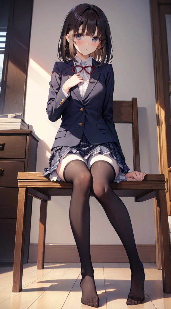 finest, masterpiece, High resolution, (Full body view from head to toe), front, frontComposition from slightly below, symmetry, 1 tall girl, alone, (whole body from head to toe), (small breasts), Unkempt brown hair, bangs, (black tights), (black pantyhose), (sit with legs spread), (squatting pose), (Composition showing white panties), (her legs spread、I can see white panties.), (I was made to sit on the floor with my legs spread apart.), (M-shaped spread legs), thin legs, A very beautiful and tall 1 girl, (not wearing shoes), blush, shy big eyes, looking at camera, Blazer Uniform, plaid pleated skirt