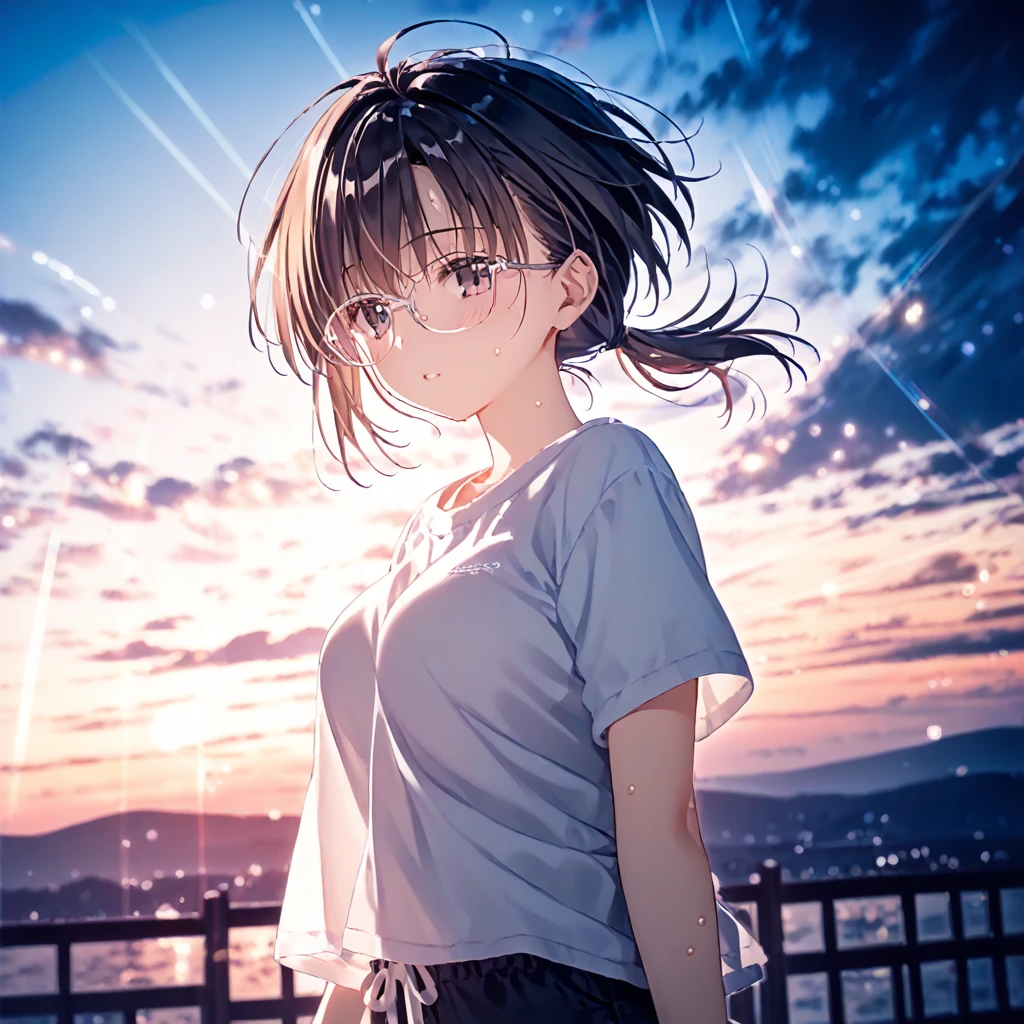 (by mitsumi misato:0.6),(by carnelian:0.3),(by kantoku:0.3), best quality, masterpiece, score_9,,,break,1girl, tomboy, glasses, short hair, low ponytail, medium breasts, black eyes,  beautiful detailed eyes,shorts, sweat, sleepily, outdoors, wind, (Detailed background), (Detailed Lighting),,break,(clear line illustration:1.2), super detailed skin,very high resolution, very aesthetic, Best sexual lighting powered by famous artist, 8k, 16k, cute picture,beauty illustration,photoshop_(medium),,(Detailed Lighting),best anime 8k konachan wallpaper, pixiv contest winner,