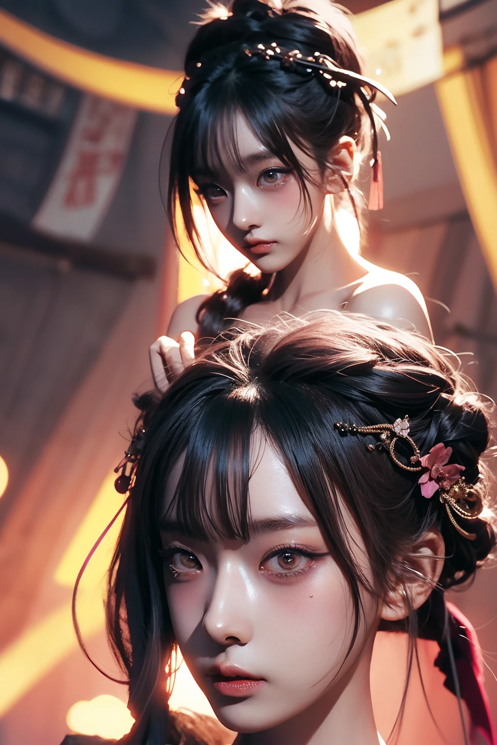 warrior goddess, otherworldly, sexy young woman with gigantic breasts, beautiful golden eyes, intense gaze, wuxia, masterpiece, smug, smirking, pale skin, asura clan, extremely voluptuous, black-pink gradient hair, long ponytail, straight bangs, blunt bangs, facial expression, black eye liner, face focus, dark eyeshadow, prominent brows, tall nose, extremely enormous breasts, narrow waist, very wide hips, thick thighs, huge ass, fantasy, bare shoulders, bandeau top, silk ancient chinese clothing, huge thighs, highly detailed face, black nails, toned, abs, 超High resolution,Textured skin, Super detailed, Detailed, high quality, 最high quality, High resolution, 8K, raytracing, extremely gorgeous, korean aesthetics