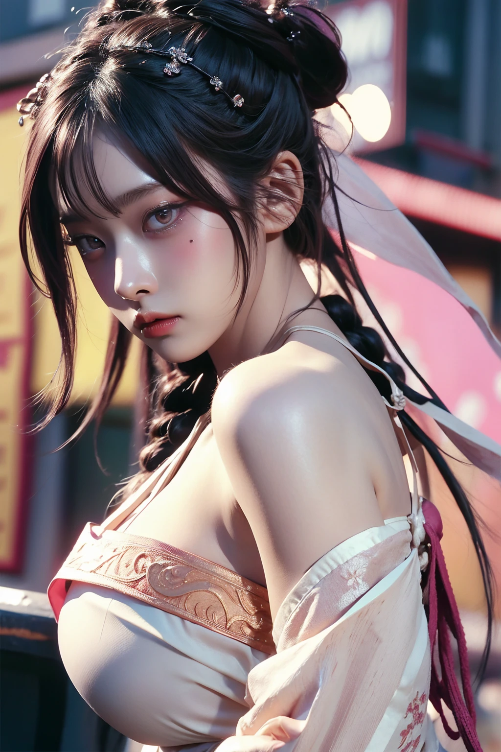 warrior goddess, otherworldly, sexy young woman with gigantic breasts, beautiful golden eyes, intense gaze, wuxia, masterpiece, smug, smirking, pale skin, asura clan, extremely voluptuous, black-pink gradient hair, long ponytail, straight bangs, blunt bangs, facial expression, black eye liner, face focus, dark eyeshadow, prominent brows, tall nose, extremely enormous breasts, narrow waist, very wide hips, thick thighs, huge ass, fantasy, bare shoulders, bandeau top, silk ancient chinese clothing, huge thighs, highly detailed face, black nails, toned, abs, 超High resolution,Textured skin, Super detailed, Detailed, high quality, 最high quality, High resolution, 8K, raytracing, extremely gorgeous, korean aesthetics