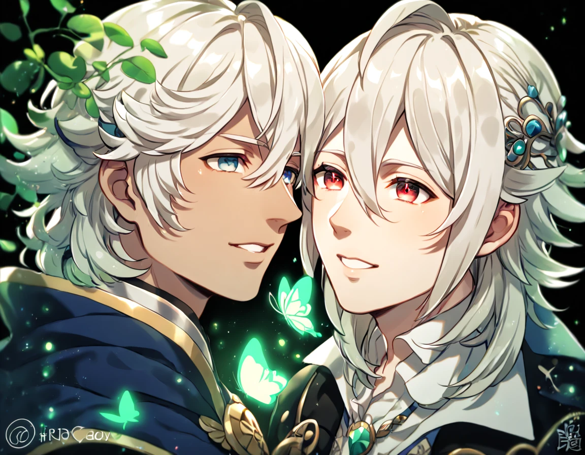 absurdres, highres, ultra detailed, HDR, master piece, best quality, extremely detailed, detailed eyes, Niles, white hair, expressive dark blue eyes, Fire Emblem Fates, Corrin, white hair, expressive red eyes, two sexy men together, yaoi, gay couple, in love, handsome, manly man, adult face, blue cape, black clothes, white clothes, under a green tree, fantasy, magical, glittering fireflies, green butterflies, green flames, magic, green leaves