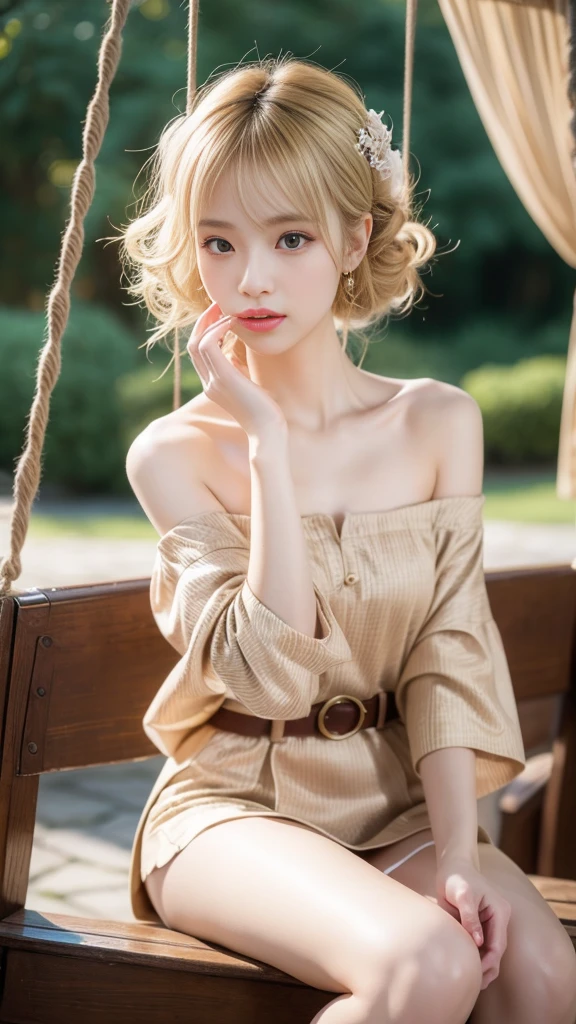 whole body, Shot from random angles, Chinese Beauty, Random Scenes, group photo, elegant, dignified, Slim, Slim waist, curls, Period clothing, Hanfu, Tang Suit, Off-shoulder, Chinese, Floral, pattern, High waist, Beautiful belt, warm light, Warm colors slender legs, night, moonlight, Sitting on a swing, swing, warm light, Warm colors, Dynamic poses, elegant posture, blond hair, Striped hair, Hair accessories, Heart-shaped pupil, cosmetic, A faint smile, Shy, Licking lips, Social realism, Chiaroscuro, Motion Blur, comfort, Sony FE GM, Ultra HD, masterpiece, Textured Skin, Super Detail, Best quality