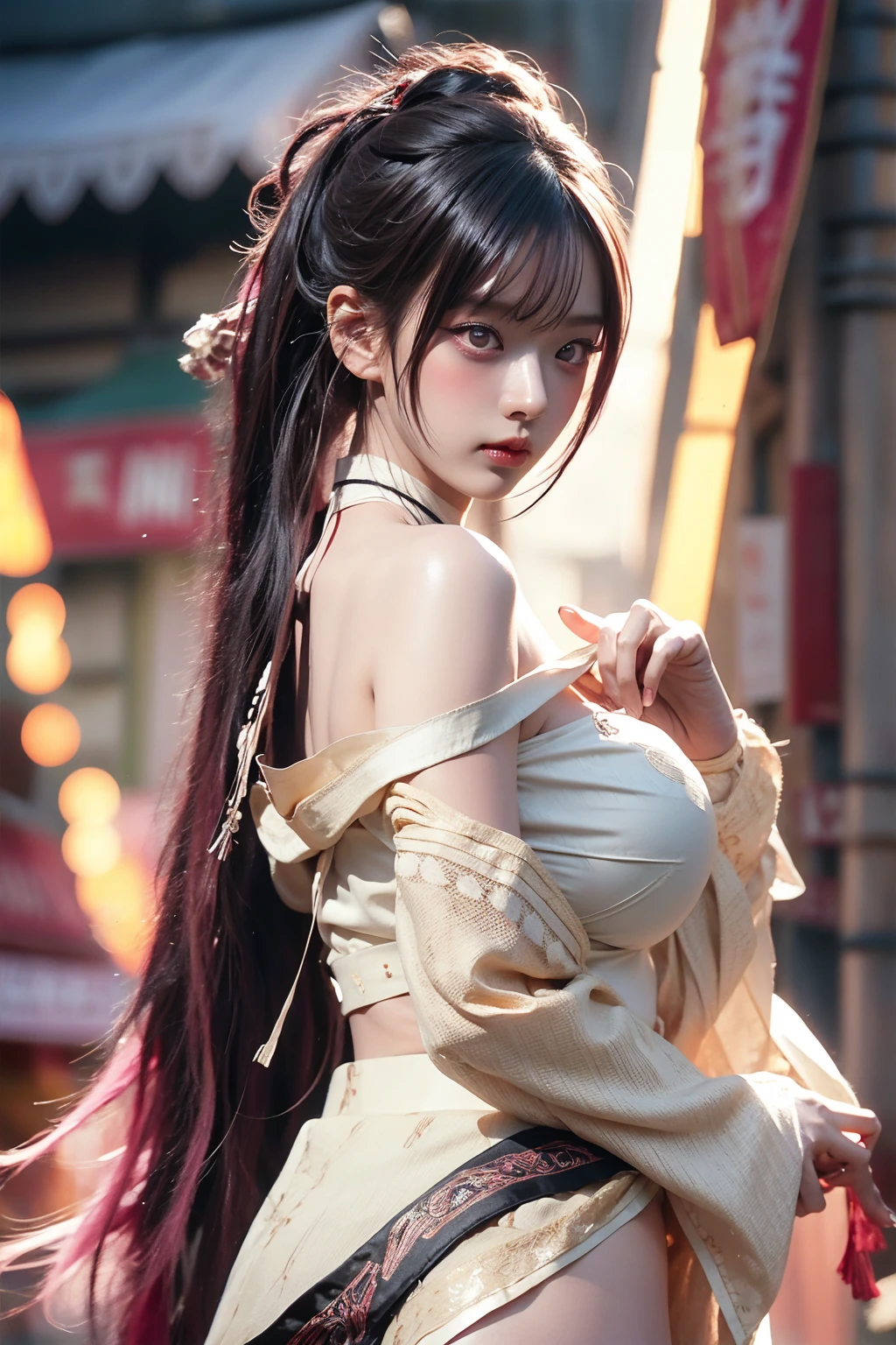 warrior goddess, otherworldly, sexy young woman with gigantic breasts, beautiful golden eyes, intense gaze, wuxia, masterpiece, smug, smirking, pale skin, asura clan, extremely voluptuous, black-pink gradient hair, long ponytail, straight bangs, blunt bangs, facial expression, black eye liner, face focus, dark eyeshadow, prominent brows, tall nose, extremely enormous breasts, narrow waist, very wide hips, thick thighs, huge ass, fantasy, bare shoulders, bandeau top, silk ancient chinese clothing, huge thighs, highly detailed face, black nails, toned, abs, 超High resolution,Textured skin, Super detailed, Detailed, high quality, 最high quality, High resolution, 8K, raytracing, extremely gorgeous, korean aesthetics