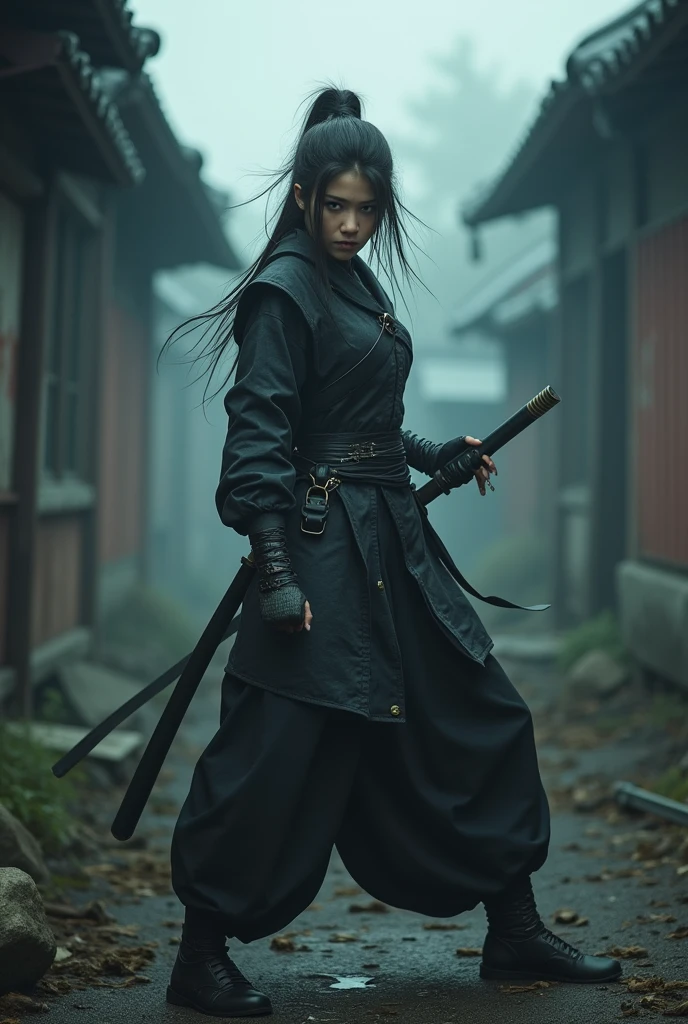 An award-winning ultra-high quality realistic professional photograph of Female Asian Ninja, Performing some kind of action, horror,The setting is in the decayed Edo period of Japan in the dark with fog, insanely detailed, whole body, photograph, hyper-realistic --ar 9:16 